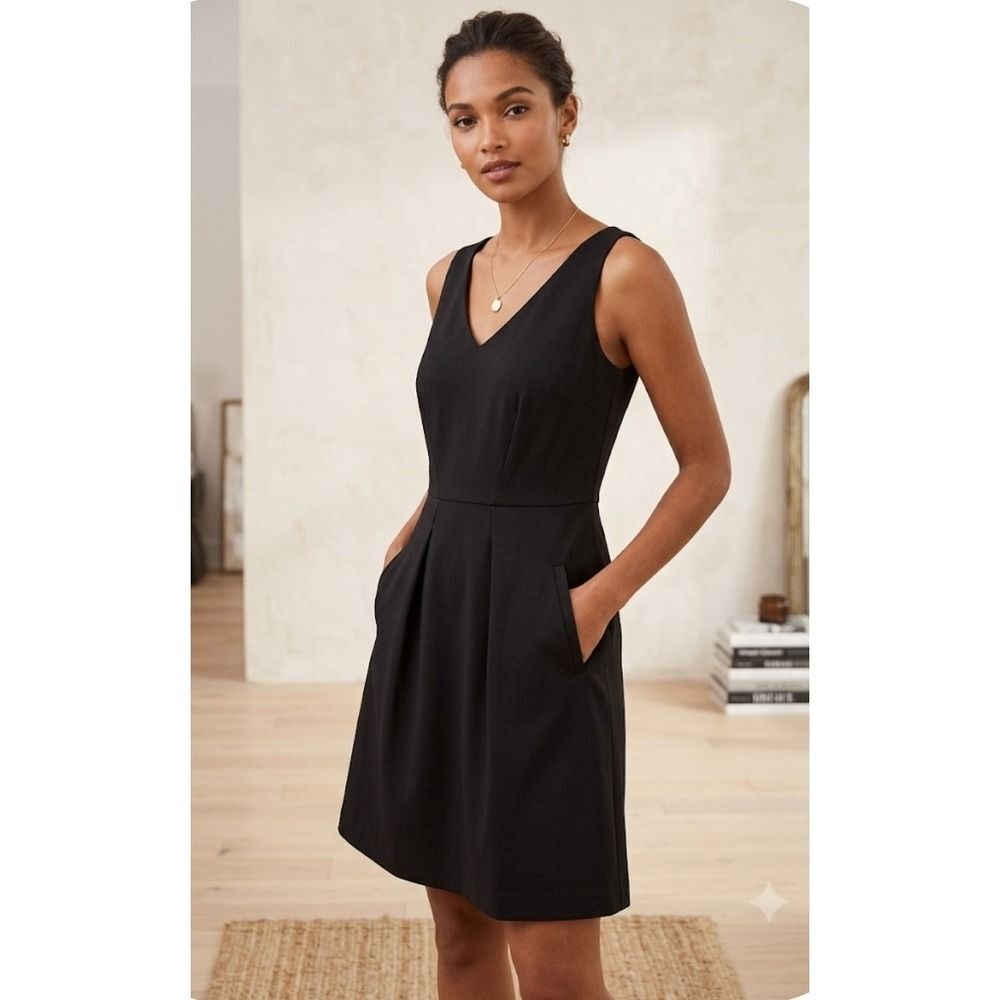 LOFT Black V-Neck Sleeveless A-Line Pleated Dress with Pockets Size 2P NWT